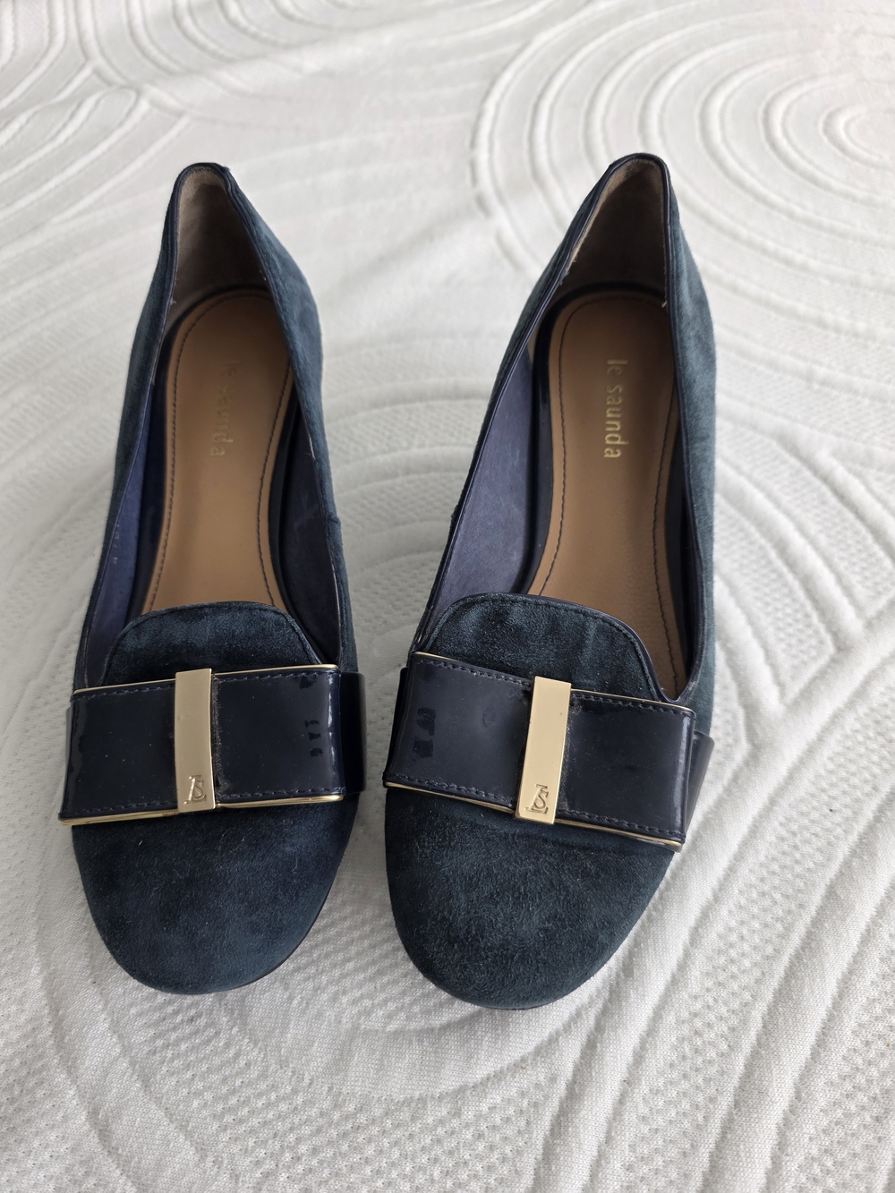 Le Saunda Navy Suede Loafers with Gold Accent
